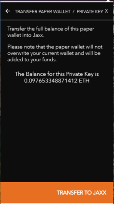 The screenshot of Jaxx wallet to confirm the transfer