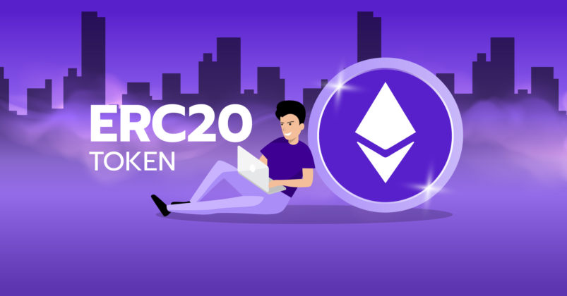 Illustration of a guy sitting down with a laptop to illustrate the idea of what is ERC20.