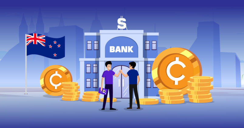 Illustration of two guys in front of a bank next to the new zealand flag to convey the topic of crypto friendly banks