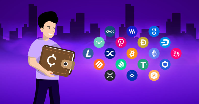 Illustration of a guy holding a crypto wallet with crypto coin logos on the right