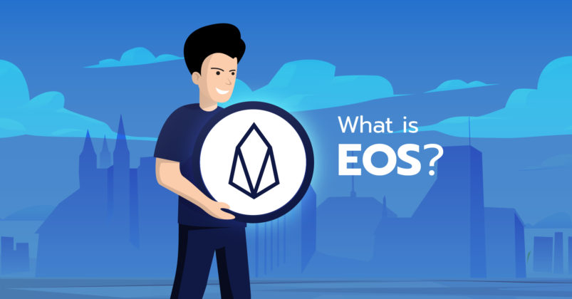 Man holding an EOS coin to illustrate the topic of what is eos