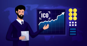 Image of a guy with a coin graph behind him to illustrate the topic of what are ICOs