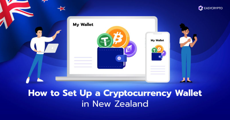 Illustration of a laptop showcasing crypto coins with a new zealand flag in the background.