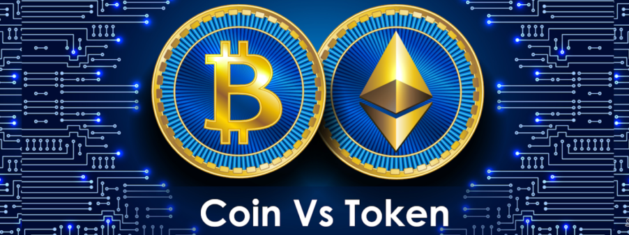 Bitcoin and ethereum coins with purple background and title saying coins vs tokens