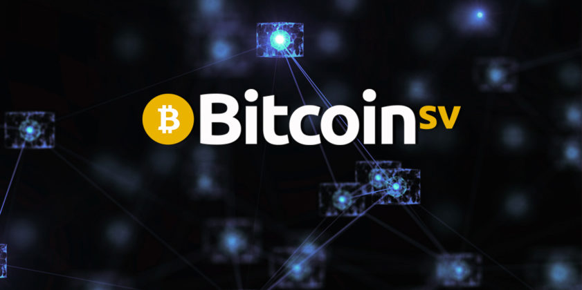Bitcoin SV satoshi vision logo infront of black block chain graphic