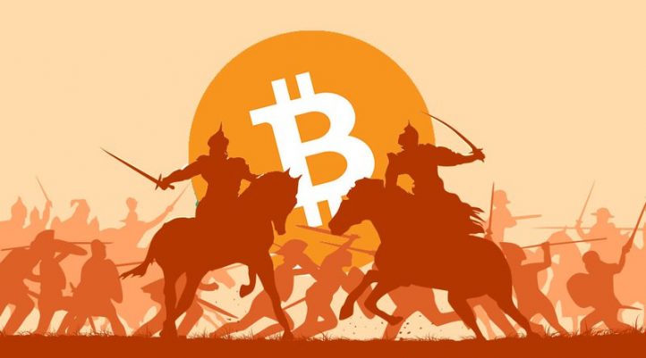 Horsemen with swords are fighting with bitcoin logo in New Zealand
