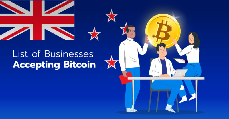 Illustration of the New Zealand flag with 3 guys pointing to the Bitcoin logo to depict the topic of businesses that accept Bitcoin in NZ.