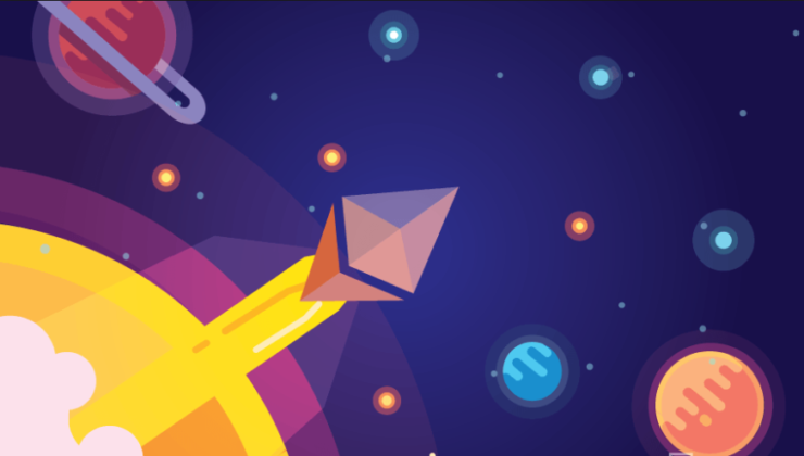 The Ethereum logo is illustrated as rocket that is launched to the space