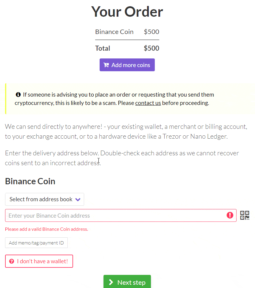 The second step to buy Binance (BNB) with Easy Crypto Australia (AU)