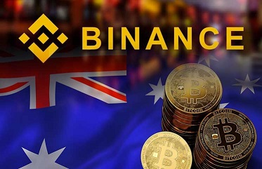 The logo of Binance and stacks of Bitcoin (BTC) illustrations with the national flag of Australia on the background