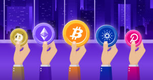 Image of six arms extending up with each one holding a different crypto coin to illustrate the topic of what is cryptocurrency