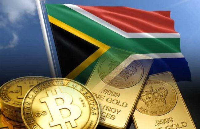 Bitcoin (BTC) is illustrated as gold coins with gold bars as well and the national flag of South Africa