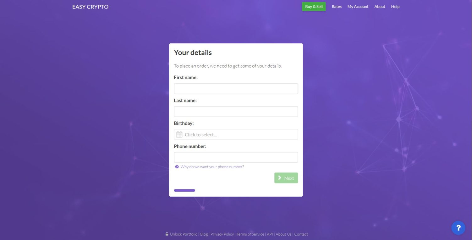 The page that Easy Crypto shows to input your information details