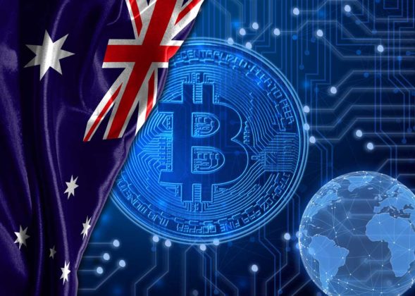 Flag Of Australia Is Shown Against The Background of Buy Crypto Currency