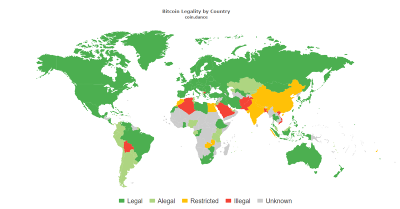 A map that shows cryptocurrency (especially Bitcoin-BTC) legality in South Africa and other countries