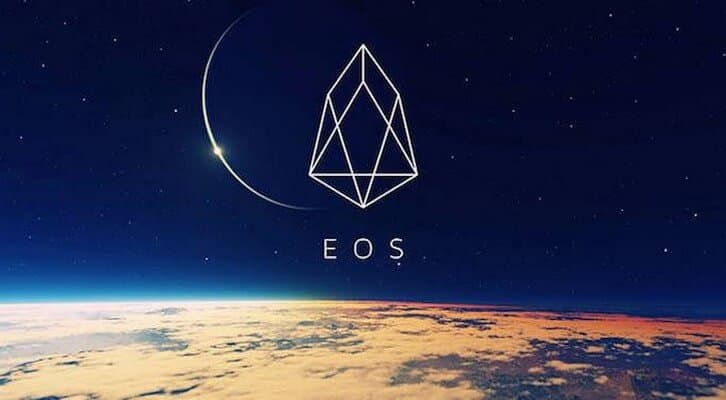 The logo of EOS with Earth and space on the background