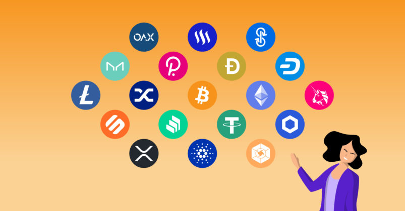 Illustration of a woman gesturing to her upper right that is filled with crypto coin logos to convey the topic of types of cryptocurrency coins and tokens