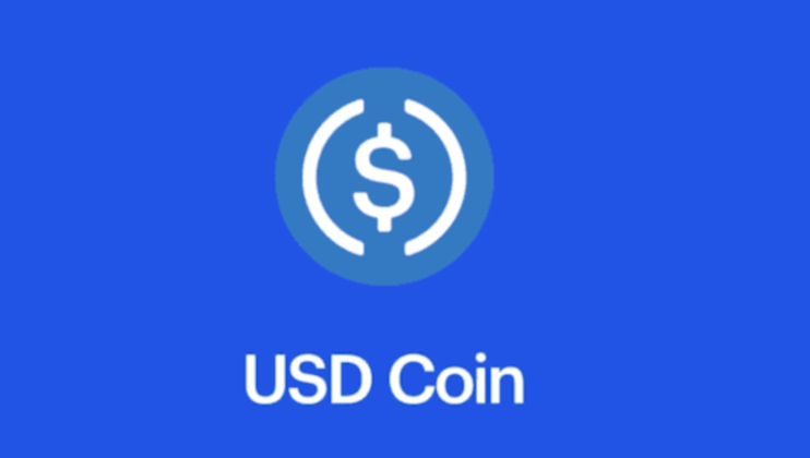 The logo of USD Coin (USDC) on a blue background