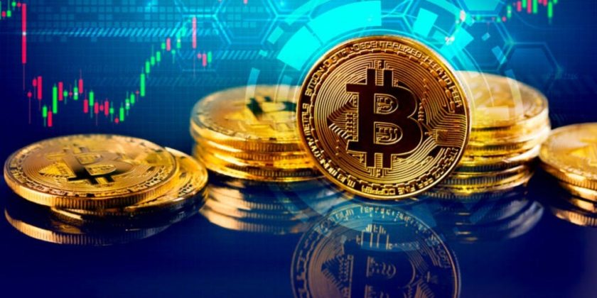 Bitcoin (BTC) is illustrated as physical gold coins with colorful chart on a blue background