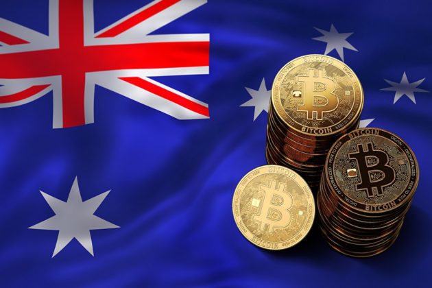 Bitcoin (BTC) is illustrated as stack of physical gold coins placed on the national flag of Australia