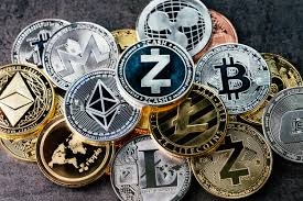 Various altcoins (cryptocurrencies) are illustrated as physical coins