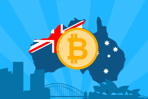 The illustration of Bitcoin (BTC), the national flag of Australia, the map of Australia, and its iconic buildings