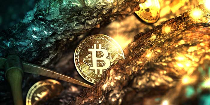 Bitcoin (BTC) is illustrated as gold coins in a gold mine in South Africa