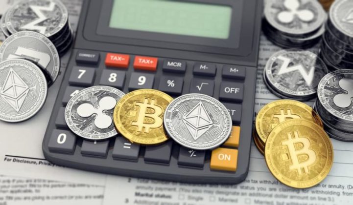 Calculator, cryptocurrency tax reports, Bitcoin (BTC), Ethereum (ETH), Ripple (XRP), and Monero are illustrated as physical coins