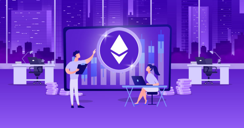 Illustration of the Ethereum logo with two people pointing to it in the center to visualize the topic of is ethereum a good investment.