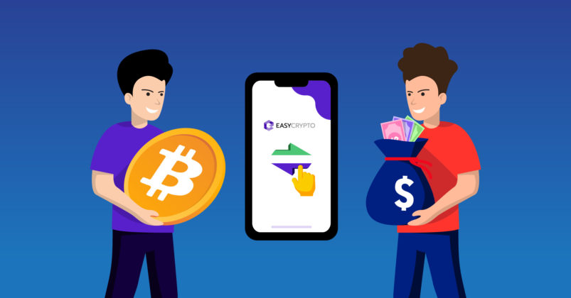 Illustration of 2 guys holding a bitcon and bag of cash to illustrate what a cryptocurrency exchange is