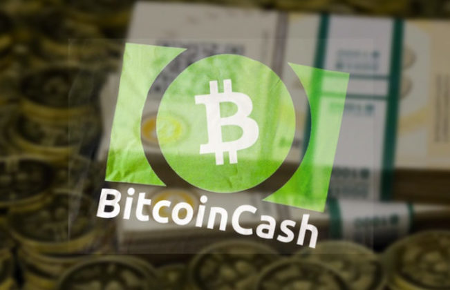 The logo of Bitcoin Cash transparent to gold coins background