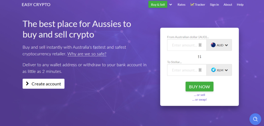 The front page of Easy Crypto Australia (AU), the place to buy Stellar Lumens (XLM), Bitcoin (BTC), and other cryptocurrencies in Australia