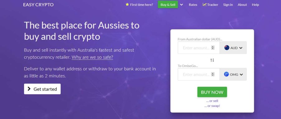 The homepage of Easy Crypto website, the place to buy OmiseGO (OMG), Bitcoin (BTC), or other cryptocurrencies that are available in Australia