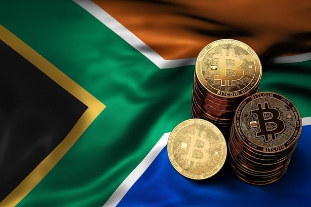 Bitcoin (BTC) is illustrated as stack of physical gold coins and standing on the national flag of South Africa