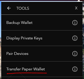 Transfer Paper Wallet on Jaxx Screenshot