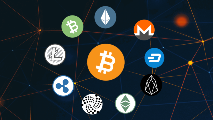 The logo of Bitcoin and various altcoins with dark background