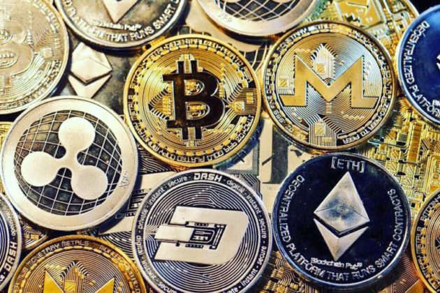 Various cryptocurrencies (Bitcoin, Ripple's XRP, Monero, Ethereum) are illustrated as physical coins.