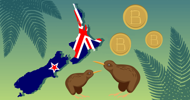 Bitcoin NZ Kiwi next to New Zealand flat with BTC coins floating with ferns