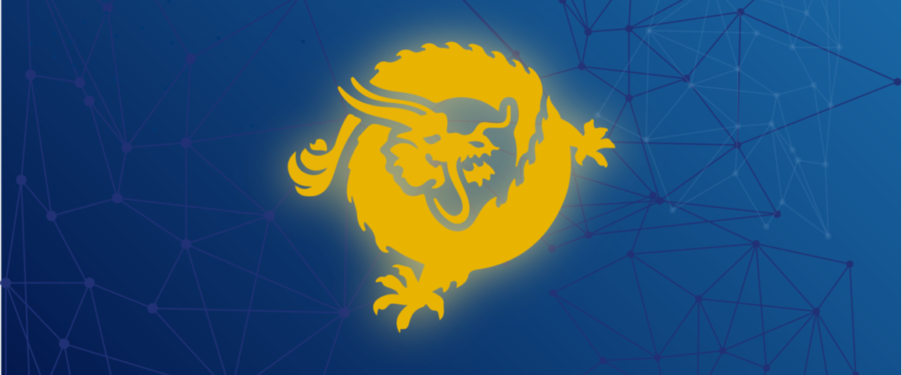 Bitcoin cash SV satoshi vision logo with dragon on blue blockchain background