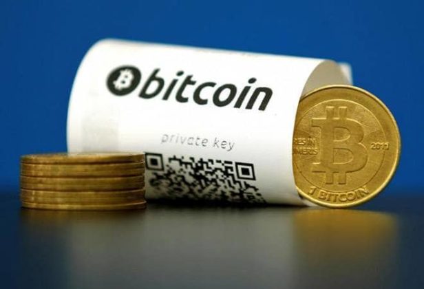 Bitcoin (BTC) is illustrated as copper coins and wrapped with a private key of Bitcoin wallet address
