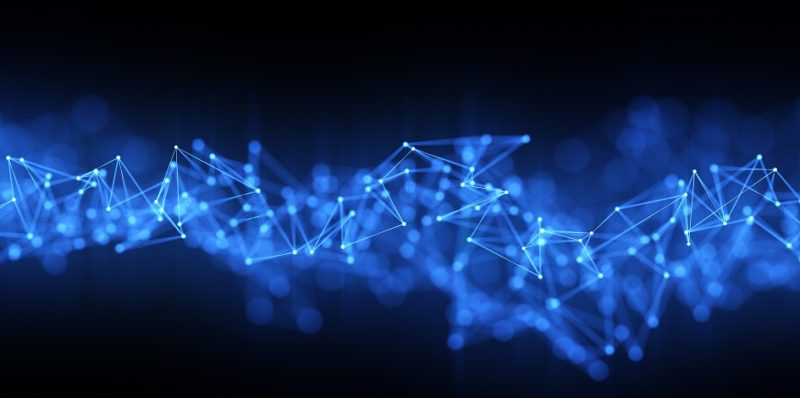 Blockchain graphic with blue and white nodes and black background