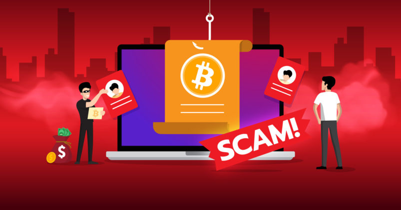 Illustrate of a computer with a bitcoin logo on the display with two thieves attempting to break in to illustrate the topic of popular bitcoin scams.