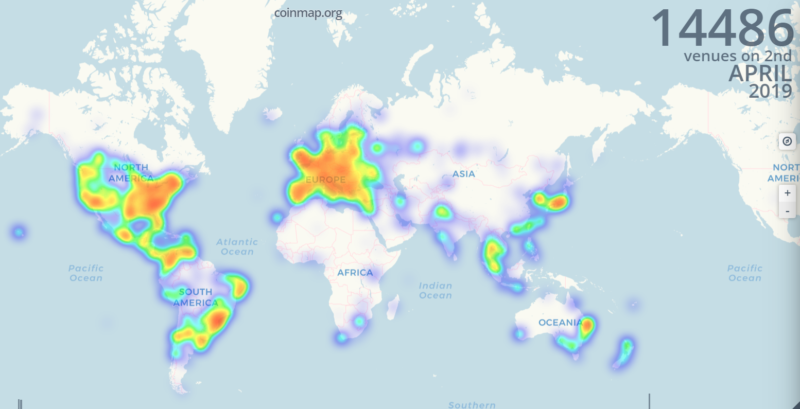 Coin map heat map of all the places accepting bitcoin in the world