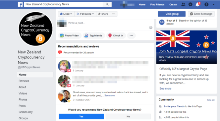 Cryptocurrency News New Zealand Facebook page screenshot NZ