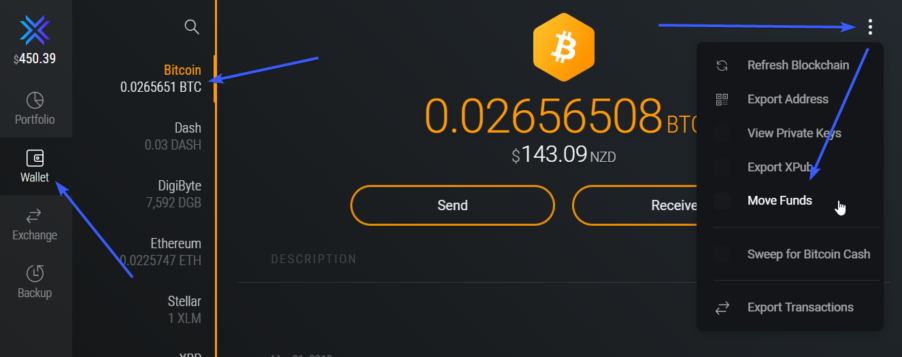 Exodus bitcoin wallet with arrows pointing to different features