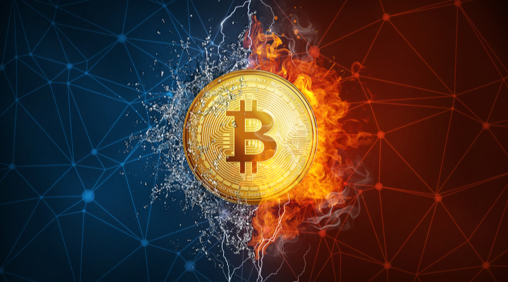 Fire and water clashing with bitcoin logo in middle