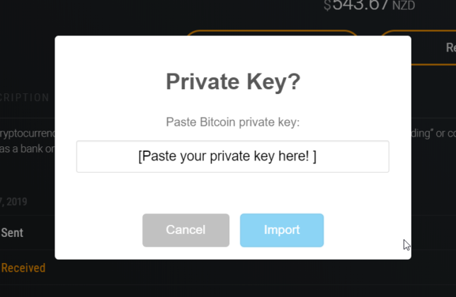 Insert private key exodus wallet screenshot