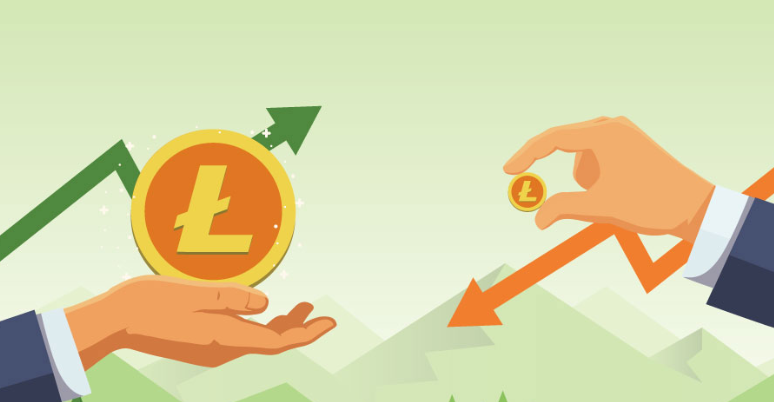 Litecoin LTC coins being held by suited man with green and orange price candles with mountains behind