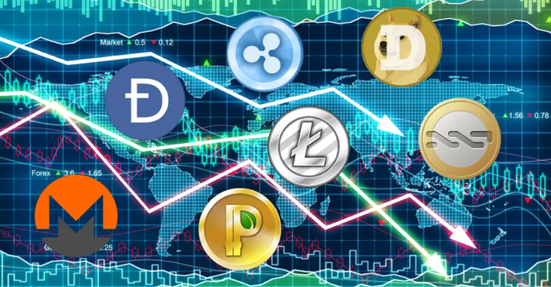 Multiple cryptocurrency logos in front of a trading graph