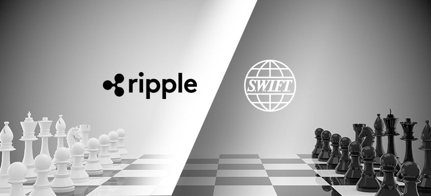 Ripple vs swift logos on a black and white chess board